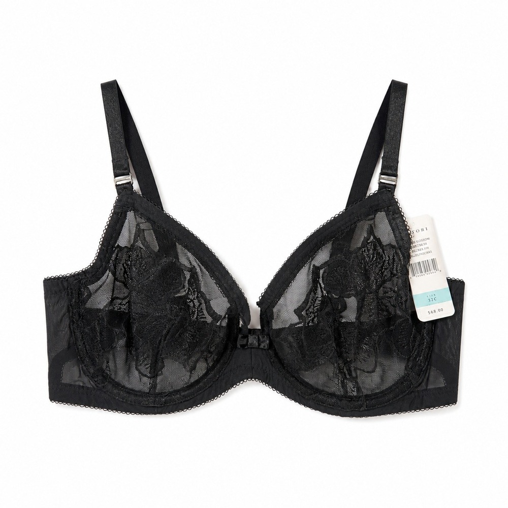 Natori Cherry Blossom Black Floral Lace Mesh Underwire Bra 728191 32C NEW Sexy